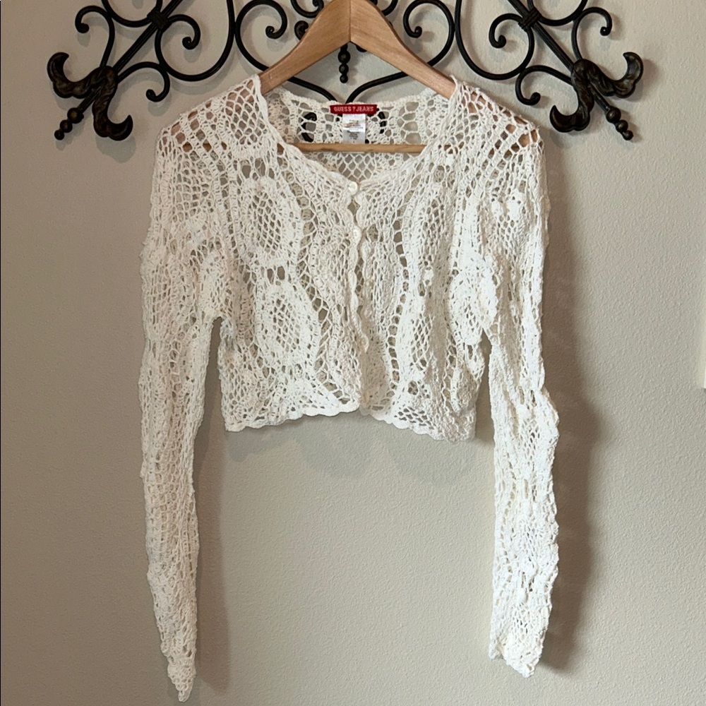 GUESS JEANS CROCHET CROPPED BUTTONDOWN SWEATER SIZE LARGE
